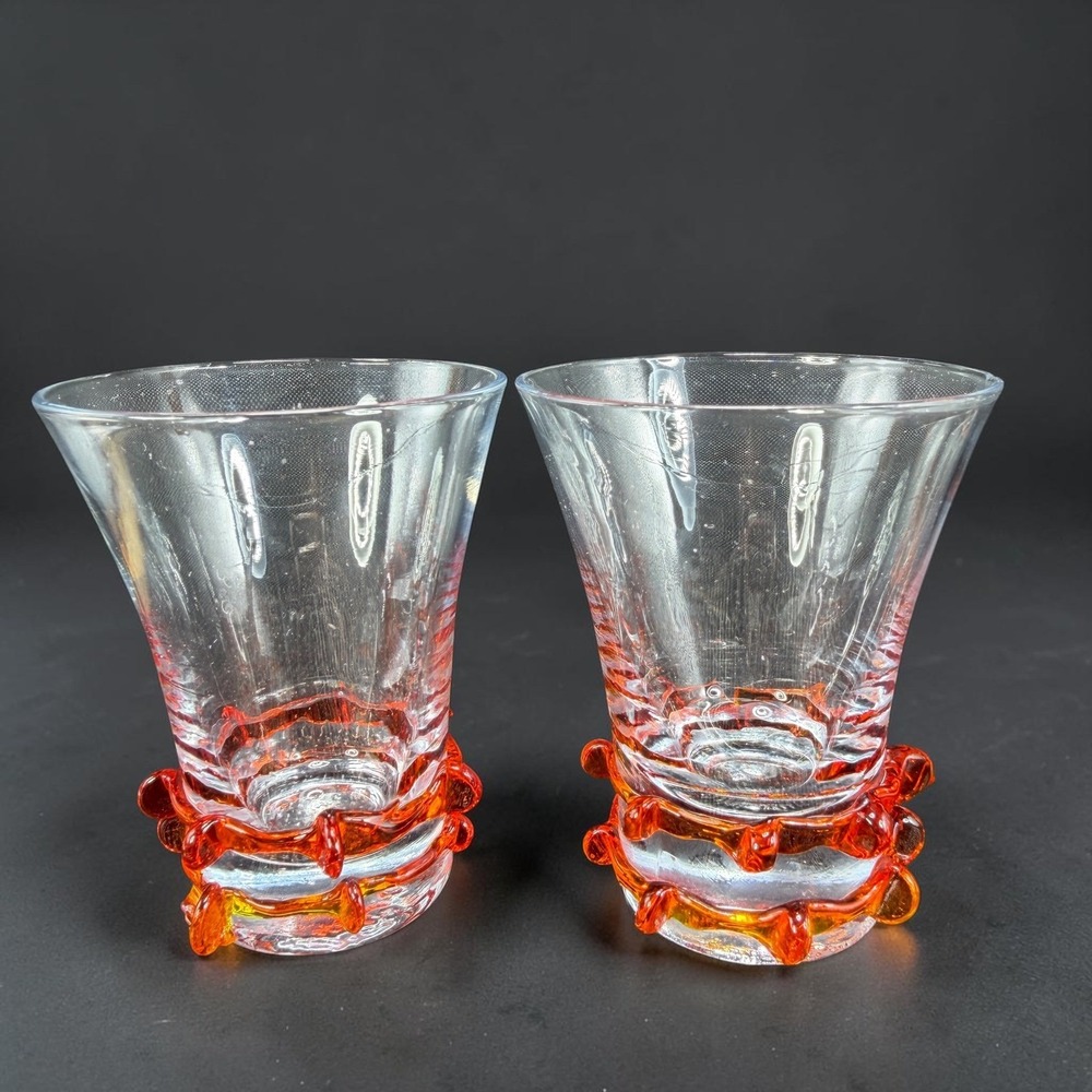 Italian Art Glass Shot Glasses Set 2 Orange Rigaree Flared Clear Glass MCM